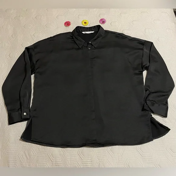 Zara Satin Black Button Down Shirt Womens Size L - Picture 1 of 10